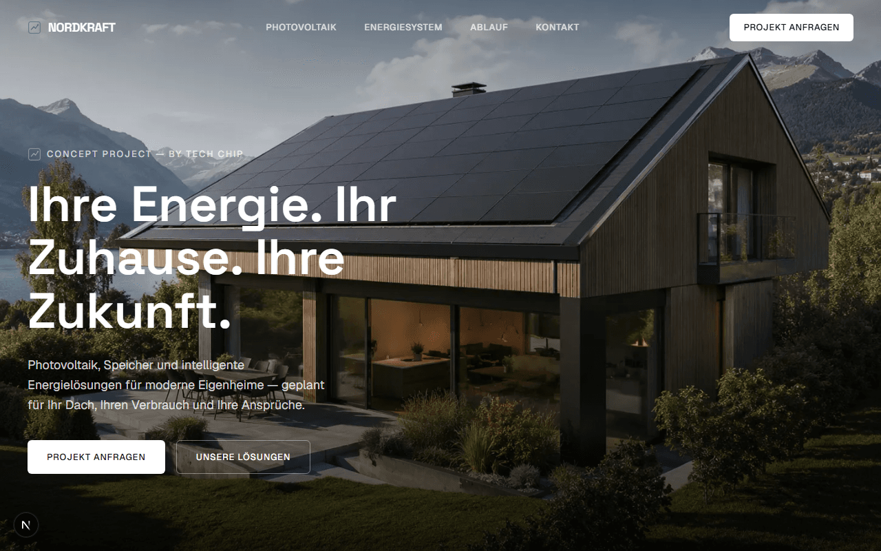 Nordkraft Solar Redesign von Tech Chip: moderne Website mit klarer Navigation, großformatigem Hero-Bild und deutlichem Call-to-Action